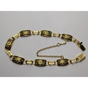 Gold Tone Signed ia Damascene Tennis Bracelet With Safety Chain